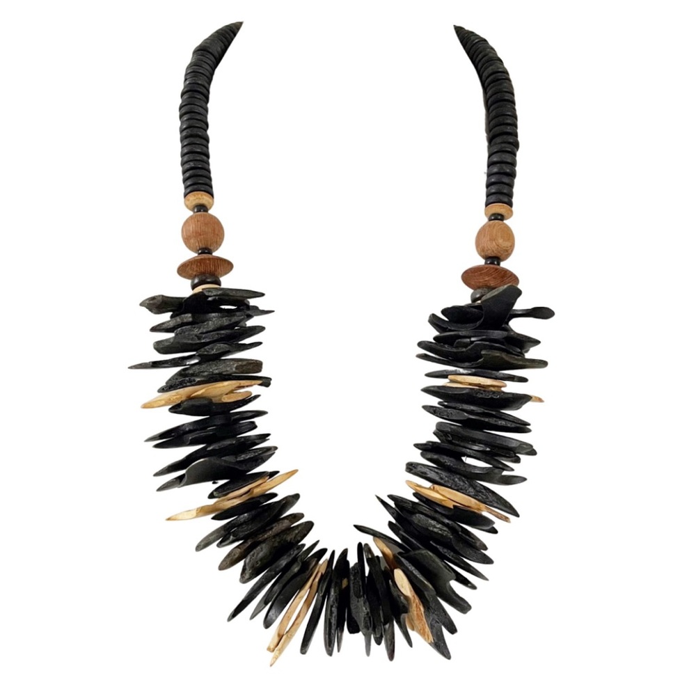 Vintage handmade ebony and natural wood statement necklace